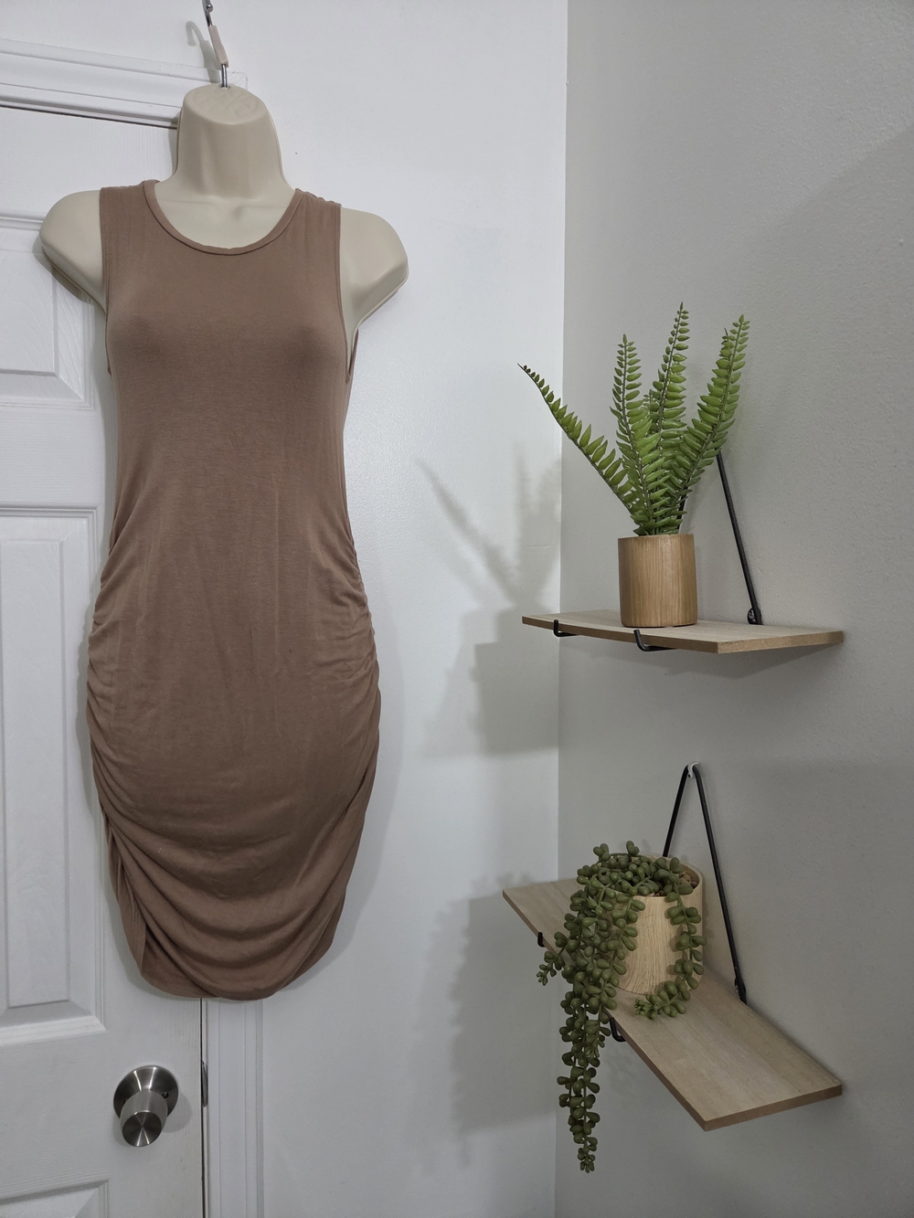 Ruched Sleeveless Midi Dress in Warm Brown